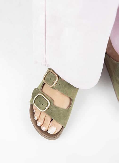 Manijero Alexa Kadın Deri Hakiki Deri Çift Tokalı Platform Haki Terlik - Görsel 9