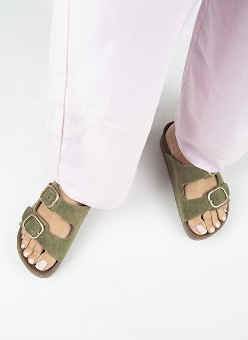 Manijero Alexa Kadın Deri Hakiki Deri Çift Tokalı Platform Haki Terlik - Görsel 8