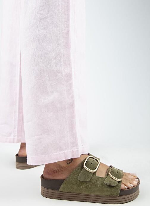 Manijero Alexa Kadın Deri Hakiki Deri Çift Tokalı Platform Haki Terlik - Görsel 7