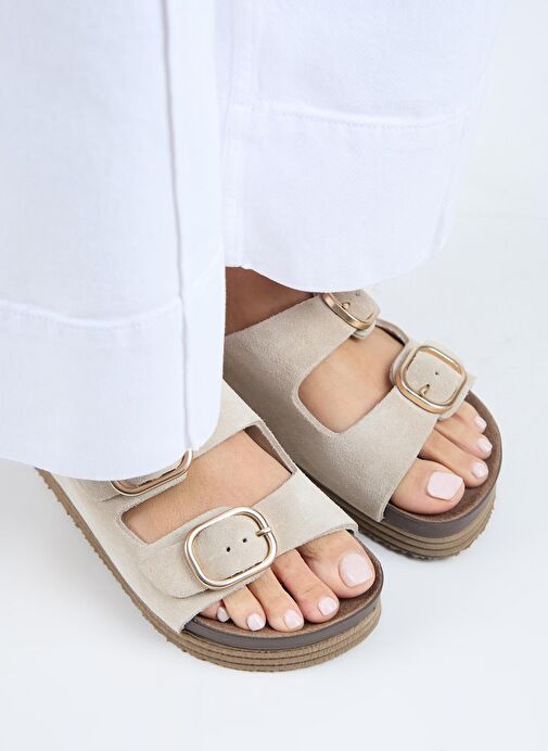 Manijero Alexa Kadın Deri Hakiki Deri Çift Tokalı Platform Bej Terlik - Görsel 4