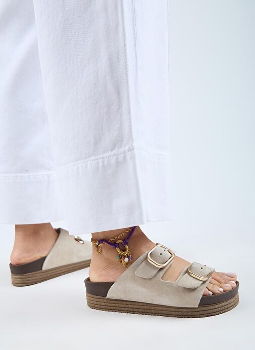 Manijero Alexa Kadın Deri Hakiki Deri Çift Tokalı Platform Bej Terlik - Görsel 7