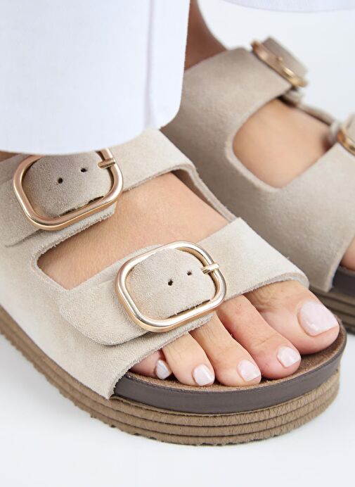 Manijero Alexa Kadın Deri Hakiki Deri Çift Tokalı Platform Bej Terlik - Görsel 5