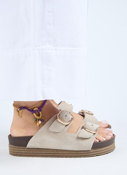 Manijero Alexa Kadın Deri Hakiki Deri Çift Tokalı Platform Bej Terlik - Görsel 3