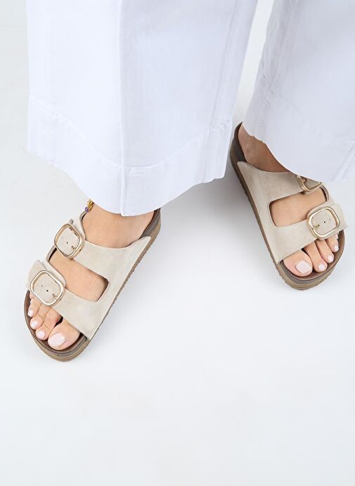 Manijero Alexa Kadın Deri Hakiki Deri Çift Tokalı Platform Bej Terlik - Görsel 8