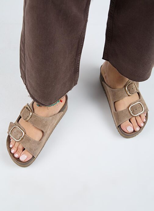 Manijero Alexa Kadın Deri Hakiki Deri Çift Tokalı Platform Vizon Terlik - Görsel 8