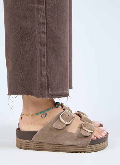 Manijero Alexa Kadın Deri Hakiki Deri Çift Tokalı Platform Vizon Terlik - Görsel 3