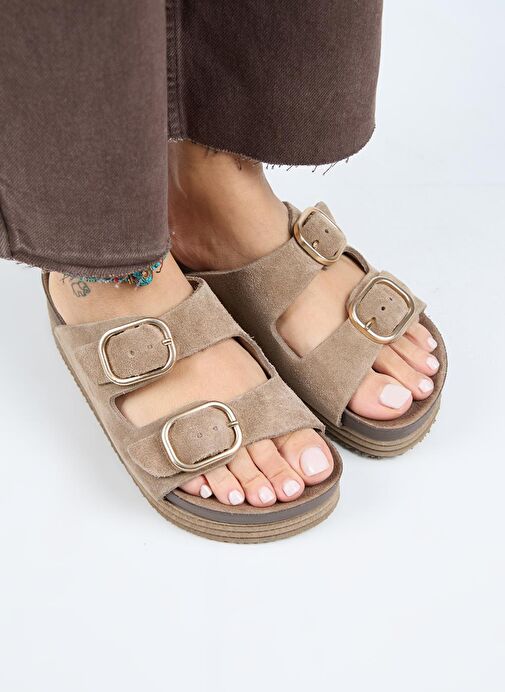 Manijero Alexa Kadın Deri Hakiki Deri Çift Tokalı Platform Vizon Terlik - Görsel 4