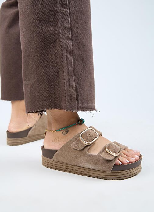 Manijero Alexa Kadın Deri Hakiki Deri Çift Tokalı Platform Vizon Terlik - Görsel 7