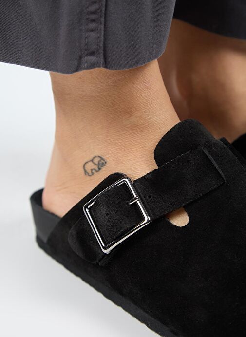 Manijero Zeta 2 Kadın Hakiki Deri Kemerli Tokalı Sabo Siyah Süet Terlik - Görsel 4