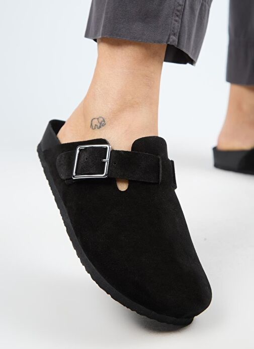 Manijero Zeta 2 Kadın Hakiki Deri Kemerli Tokalı Sabo Siyah Süet Terlik - Görsel 5