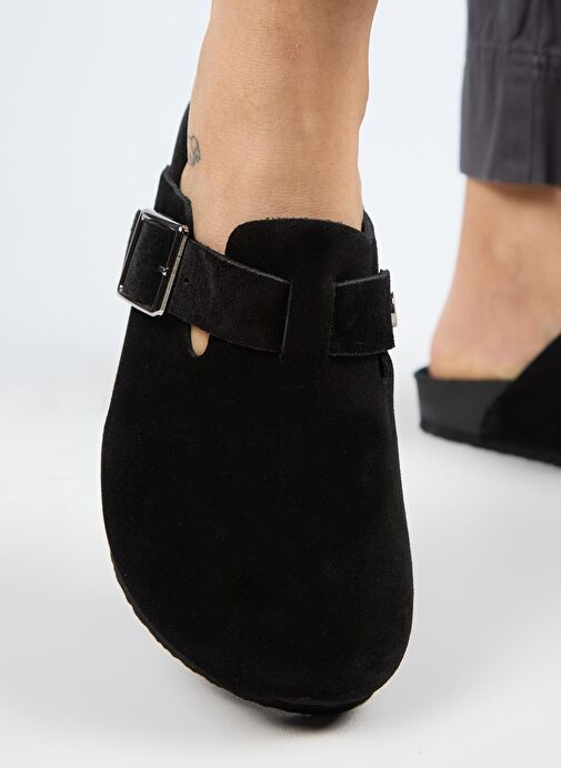 Manijero Zeta 2 Kadın Hakiki Deri Kemerli Tokalı Sabo Siyah Süet Terlik - Görsel 6