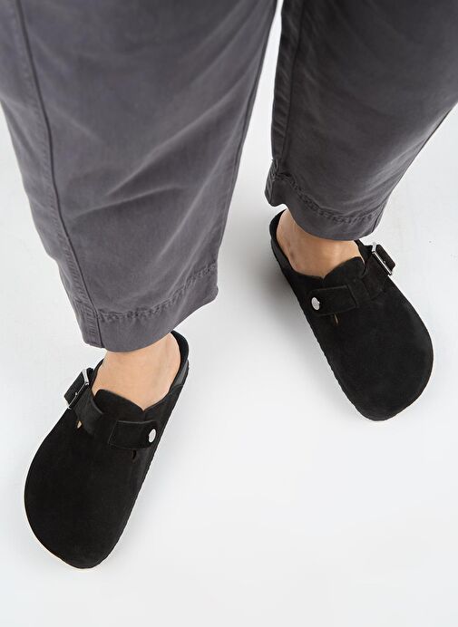 Manijero Zeta 2 Kadın Hakiki Deri Kemerli Tokalı Sabo Siyah Süet Terlik - Görsel 8