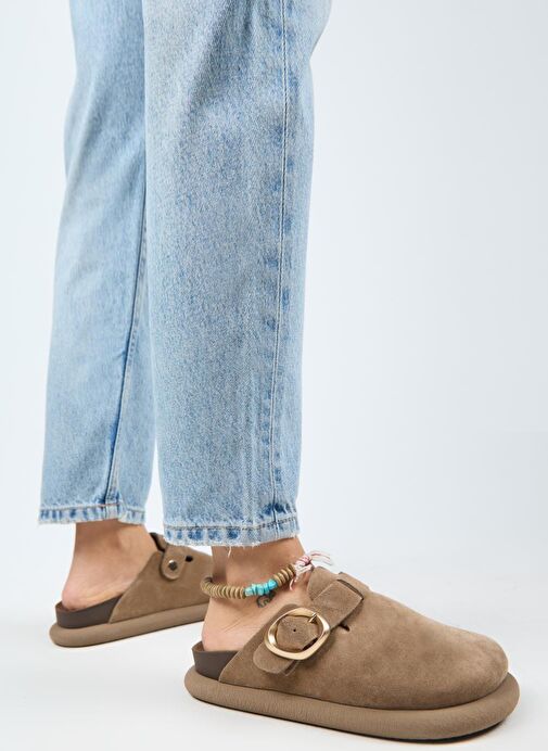 Manijero (Asymetry) Kadın Hakiki Deri Kemerli Tokalı Sabo Vizon Terlik - Görsel 2