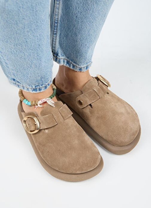 Manijero (Asymetry) Kadın Hakiki Deri Kemerli Tokalı Sabo Vizon Terlik - Görsel 4