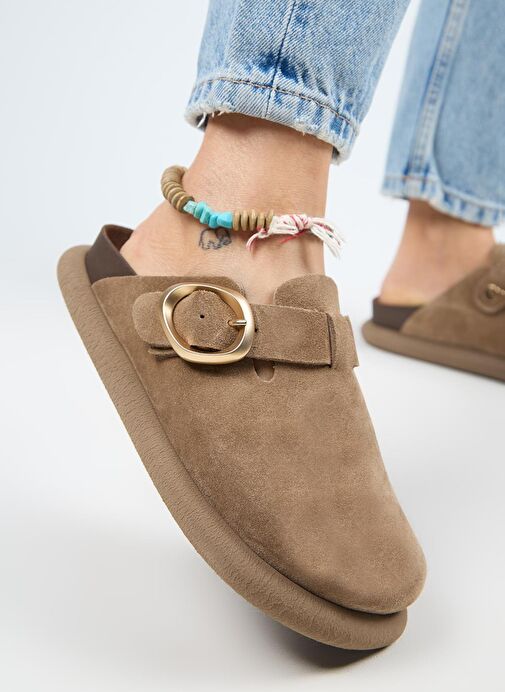 Manijero (Asymetry) Kadın Hakiki Deri Kemerli Tokalı Sabo Vizon Terlik - Görsel 6