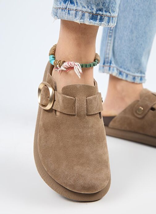 Manijero (Asymetry) Kadın Hakiki Deri Kemerli Tokalı Sabo Vizon Terlik - Görsel 7