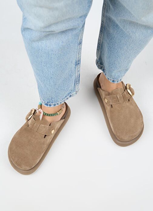 Manijero (Asymetry) Kadın Hakiki Deri Kemerli Tokalı Sabo Vizon Terlik - Görsel 8