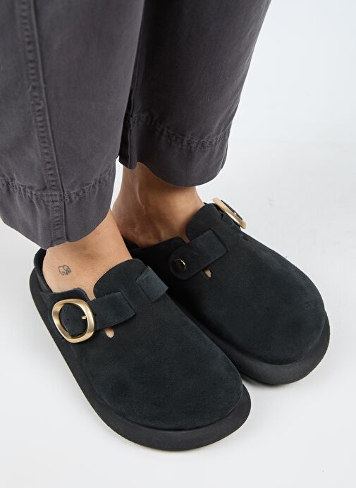 Manijero (Asymetry) Kadın Hakiki Deri Kemerli Tokalı Sabo Antrasit Terlik - Görsel 3