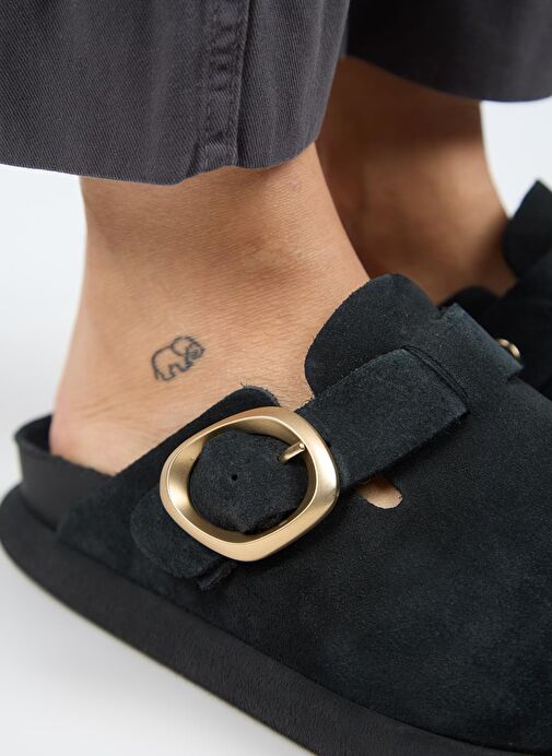 Manijero (Asymetry) Kadın Hakiki Deri Kemerli Tokalı Sabo Antrasit Terlik - Görsel 4