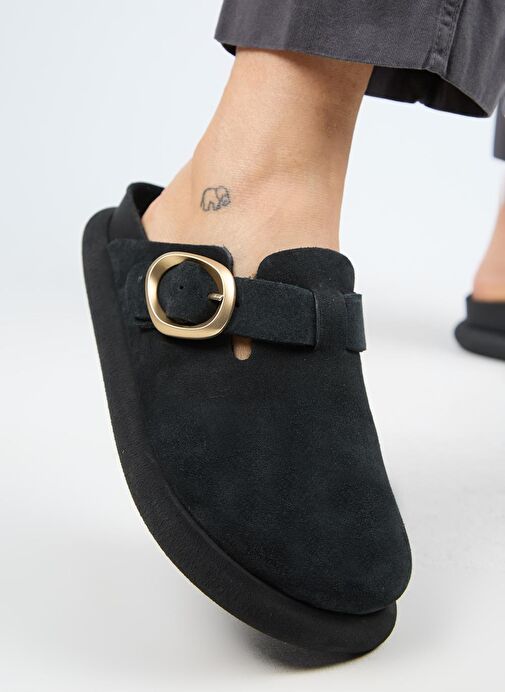 Manijero (Asymetry) Kadın Hakiki Deri Kemerli Tokalı Sabo Antrasit Terlik - Görsel 5