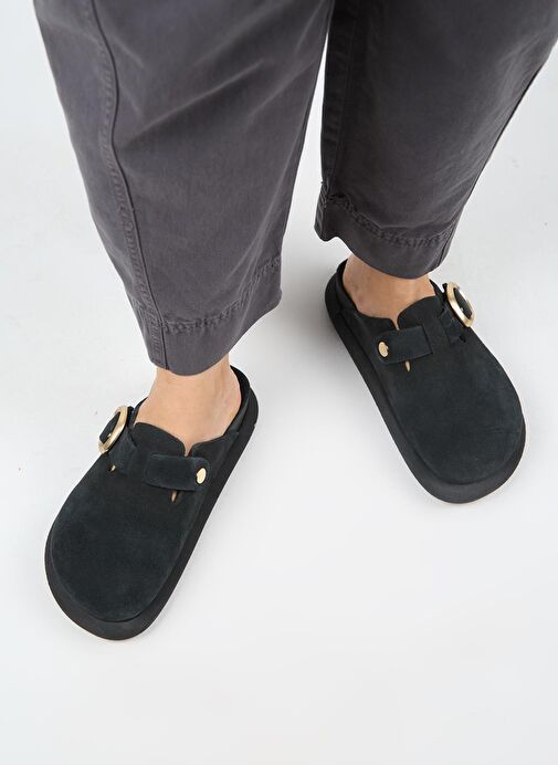 Manijero (Asymetry) Kadın Hakiki Deri Kemerli Tokalı Sabo Antrasit Terlik - Görsel 8