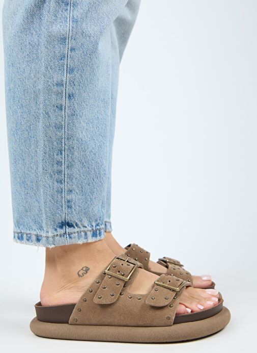 Manijero (Sude) Kadın Hakiki Deri Çift Tokalı Troklu Vizon Terlik - Görsel 3