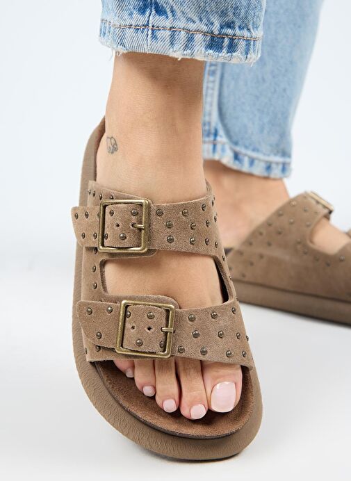 Manijero (Sude) Kadın Hakiki Deri Çift Tokalı Troklu Vizon Terlik - Görsel 6