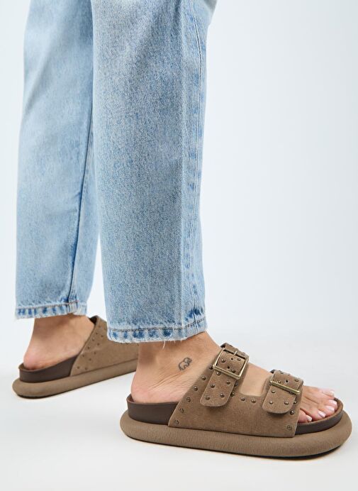 Manijero (Sude) Kadın Hakiki Deri Çift Tokalı Troklu Vizon Terlik - Görsel 7