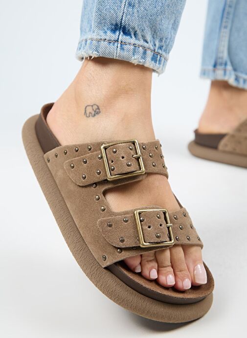 Manijero (Sude) Kadın Hakiki Deri Çift Tokalı Troklu Vizon Terlik - Görsel 5