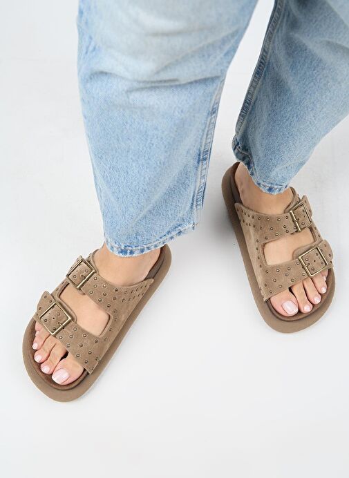 Manijero (Sude) Kadın Hakiki Deri Çift Tokalı Troklu Vizon Terlik - Görsel 8