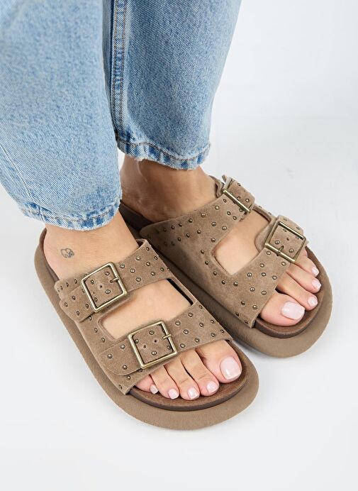 Manijero (Sude) Kadın Hakiki Deri Çift Tokalı Troklu Vizon Terlik - Görsel 2