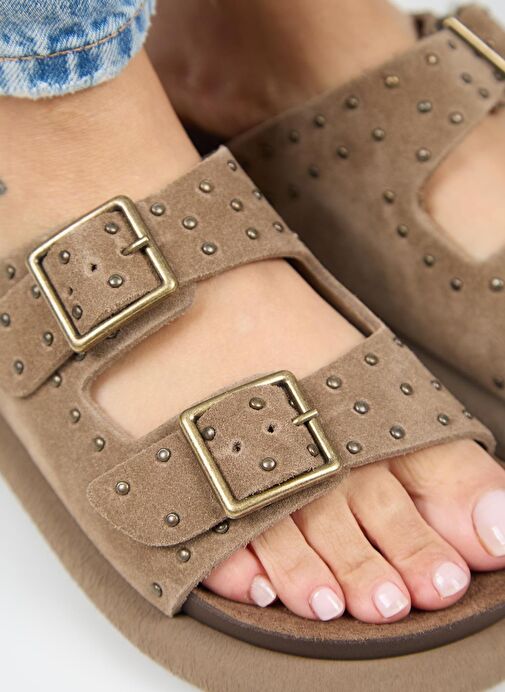 Manijero (Sude) Kadın Hakiki Deri Çift Tokalı Troklu Vizon Terlik - Görsel 4