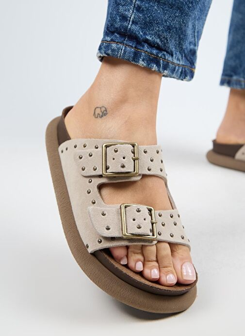 Manijero (Sude) Kadın Hakiki Deri Çift Tokalı Troklu Bej Terlik - Görsel 2