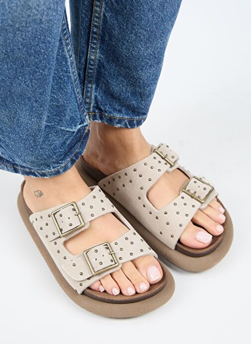 Manijero (Sude) Kadın Hakiki Deri Çift Tokalı Troklu Bej Terlik - Görsel 4