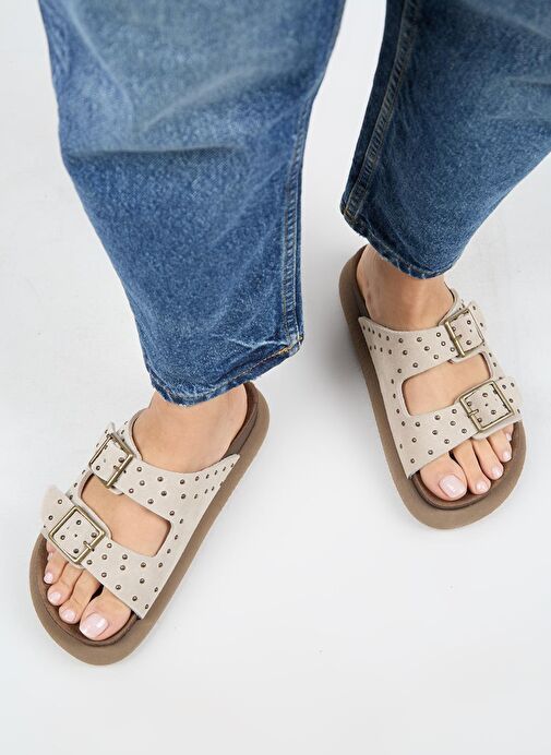 Manijero (Sude) Kadın Hakiki Deri Çift Tokalı Troklu Bej Terlik - Görsel 8