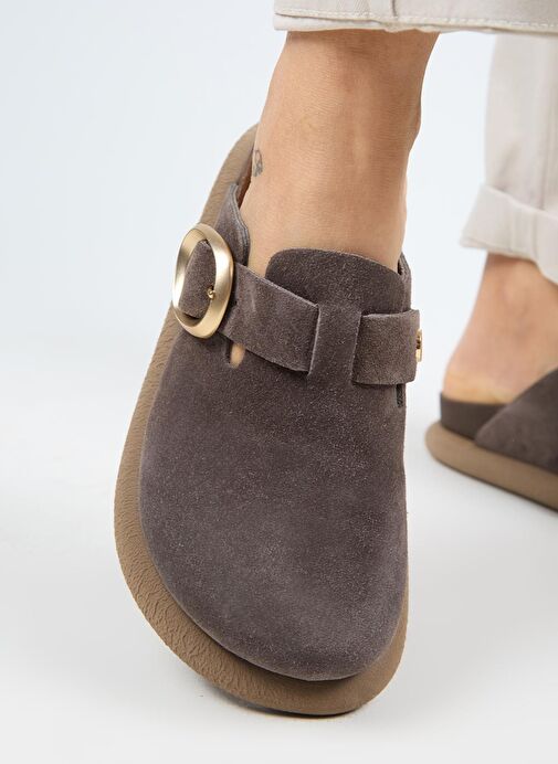 Manijero (Asymetry) Kadın Hakiki Deri Kemerli Tokalı Sabo Açık Kahve Terlik - Görsel 6