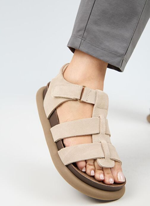 Manijero Capra Kadın Hakiki Deri Atkılı Cırtlı Bej Sandalet - Görsel 2