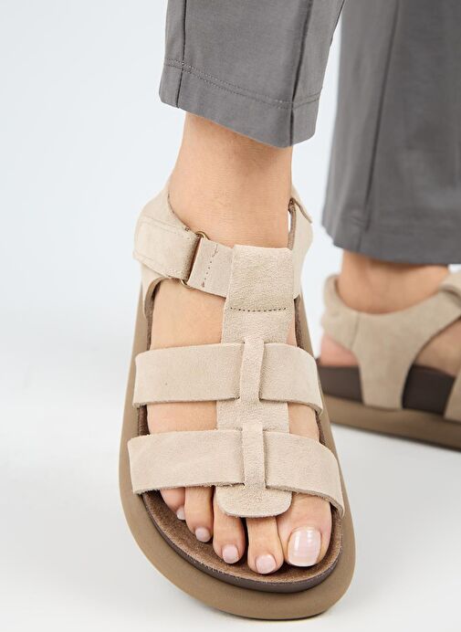 Manijero Capra Kadın Hakiki Deri Atkılı Cırtlı Bej Sandalet - Görsel 7