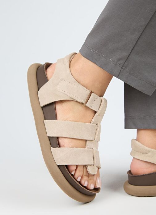 Manijero Capra Kadın Hakiki Deri Atkılı Cırtlı Bej Sandalet - Görsel 8