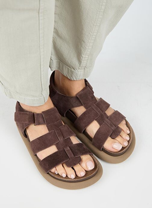 Manijero Capra Kadın Hakiki Deri Atkılı Cırtlı Açık Kahve Sandalet - Görsel 9