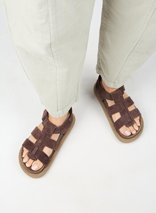 Manijero Capra Kadın Hakiki Deri Atkılı Cırtlı Açık Kahve Sandalet - Görsel 6