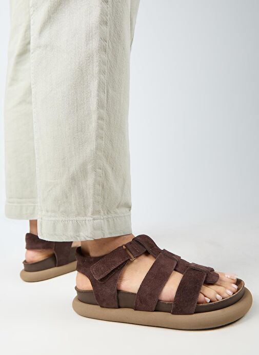 Manijero Capra Kadın Hakiki Deri Atkılı Cırtlı Açık Kahve Sandalet - Görsel 5