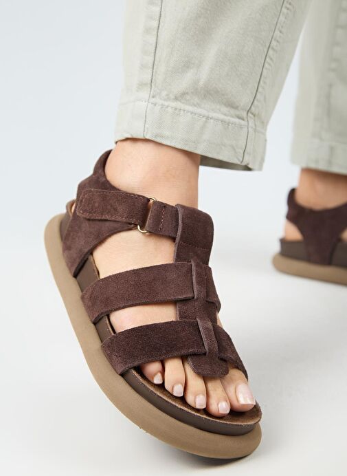 Manijero Capra Kadın Hakiki Deri Atkılı Cırtlı Açık Kahve Sandalet - Görsel 3