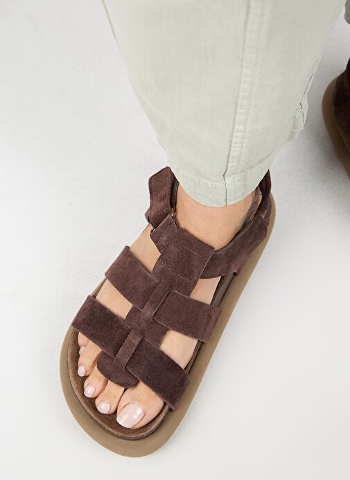 Manijero Capra Kadın Hakiki Deri Atkılı Cırtlı Açık Kahve Sandalet - Görsel 7