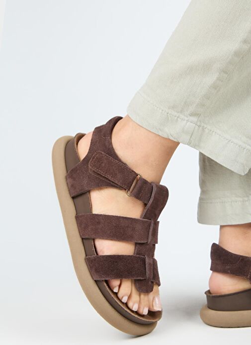 Manijero Capra Kadın Hakiki Deri Atkılı Cırtlı Açık Kahve Sandalet - Görsel 4