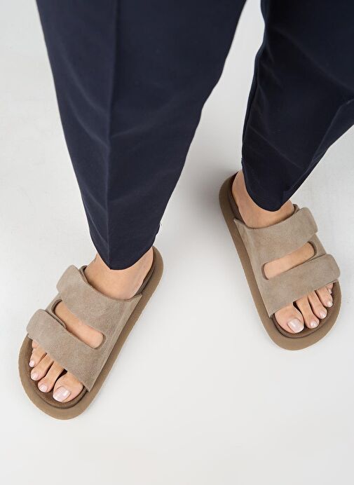 Manijero Lillo Kadın Hakiki Deri Çift Cırtlı Vizon Terlik - Görsel 5