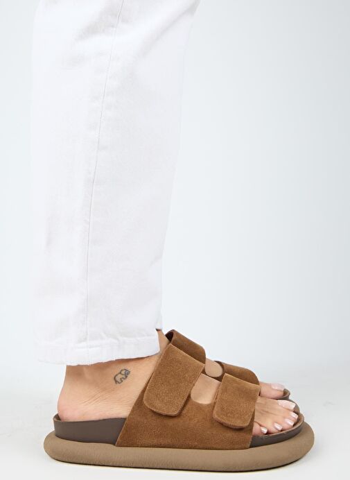 Manijero Lillo Kadın Hakiki Deri Çift Cırtlı Taba Terlik - Görsel 3