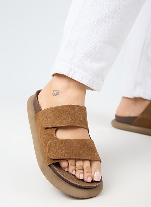 Manijero Lillo Kadın Hakiki Deri Çift Cırtlı Taba Terlik - Görsel 6