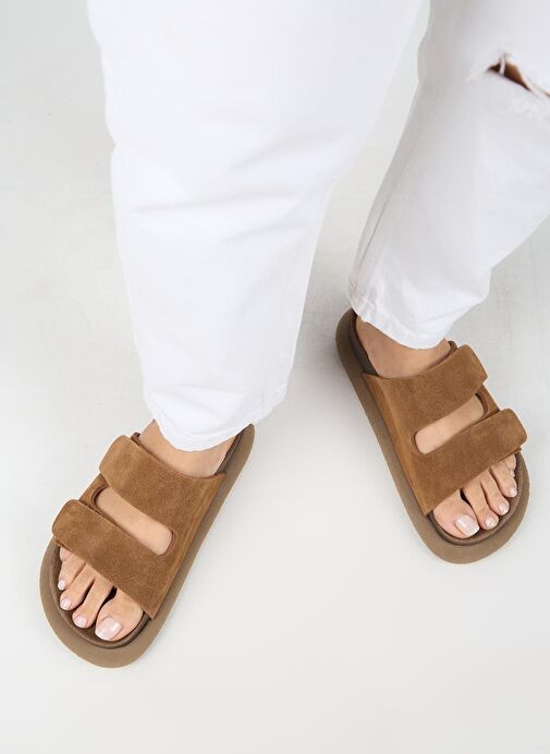 Manijero Lillo Kadın Hakiki Deri Çift Cırtlı Taba Terlik - Görsel 8