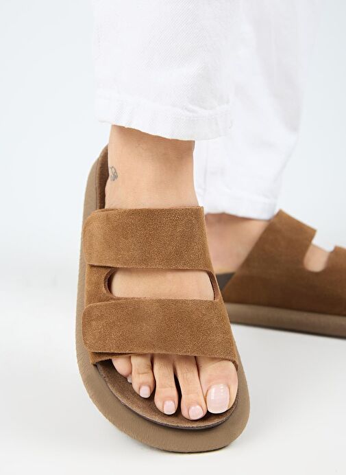 Manijero Lillo Kadın Hakiki Deri Çift Cırtlı Taba Terlik - Görsel 2